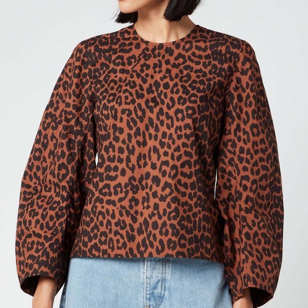 Ganni Balloon Sleeve Leopard Print Cotton Top